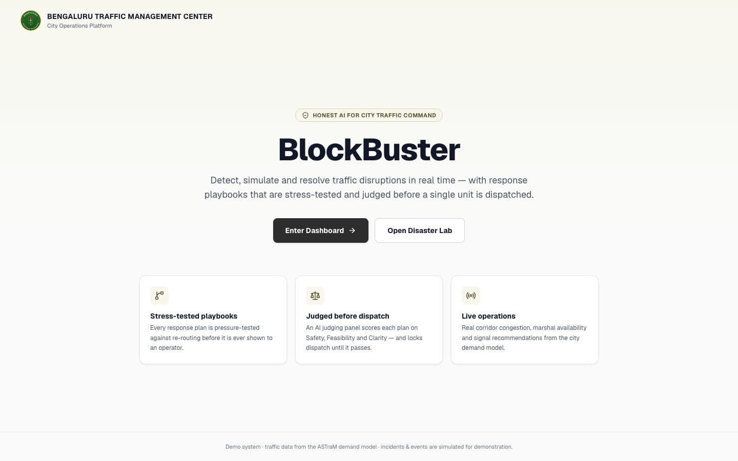 BlockBuster's Bengaluru Traffic Management Center landing page
