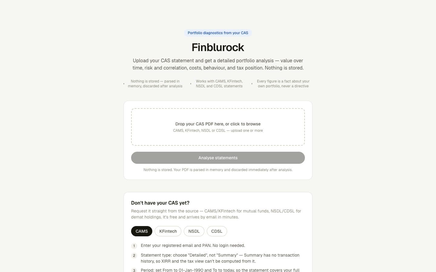 FinBlurock's CAS statement upload screen