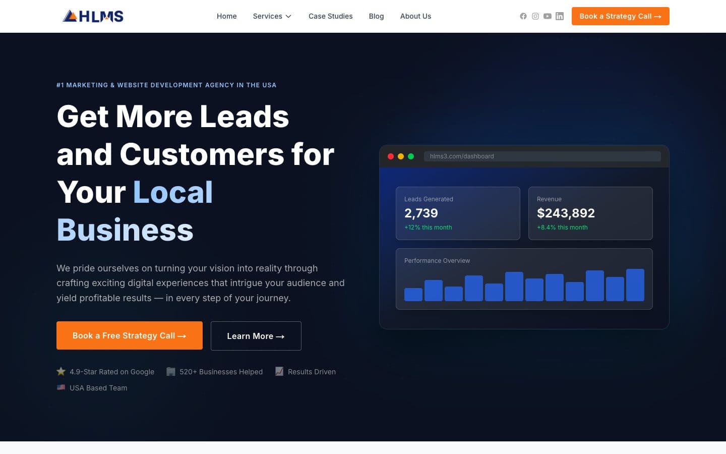 HLMS's marketing site with its lead-generation dashboard mockup
