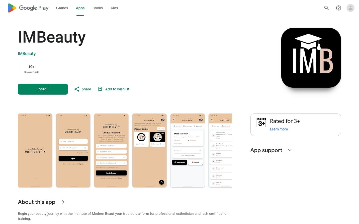 imbeauty's Google Play Store listing, Institute of Modern Beauty