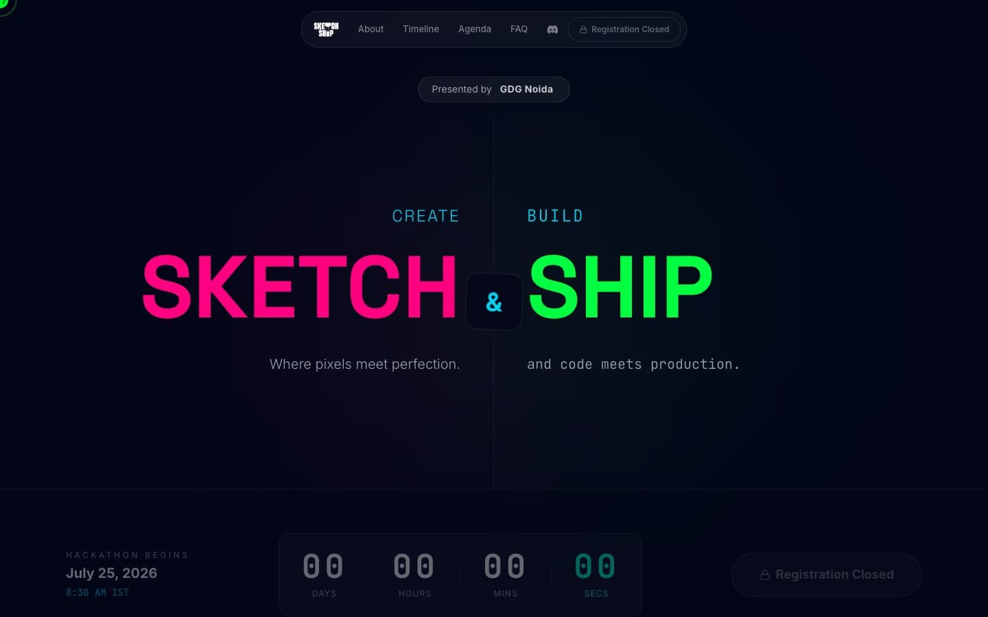 Sketch 'n' Ship hackathon landing page with a live countdown