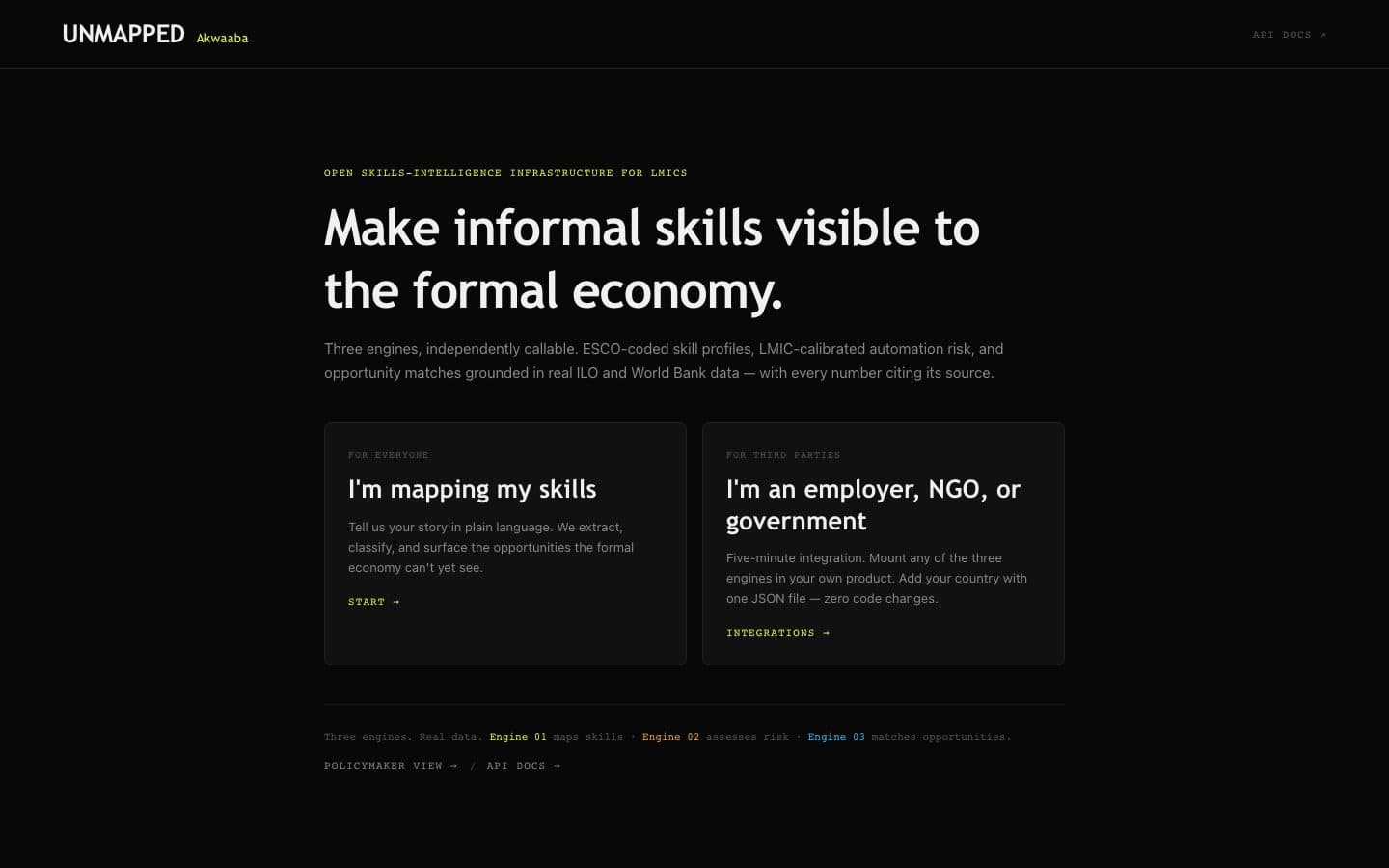 UNMAPPED's landing page stating its World Bank track result